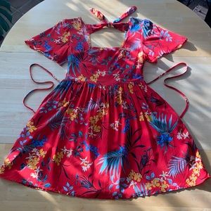 BAND OF GYPSIES. Small Cherry Red Floral Print Fit/Flare Mini Dress w/POCKETS!